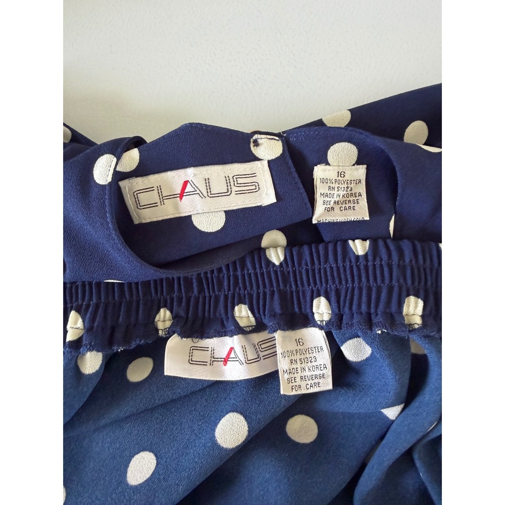 Vintage Chaus Navy Blue Polka Dot Skirt Set 2 Piece Blouse Midi Skirt Women 16 - Picture 5 of 7